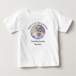 Cute First Year Name Round Photo Birthday Party  Baby T-Shirt