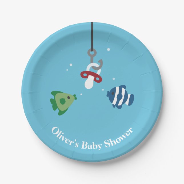 Cute Fish Bait Fishing Baby Shower Paper Plates (Front)