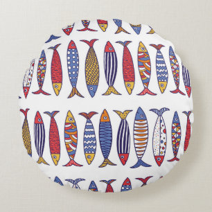 Cute Fish Illustration: Kids Seamless Background Round Cushion