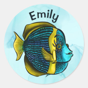  Cute Fish Ocean Under The Sea School Kids Name Classic Round Sticker