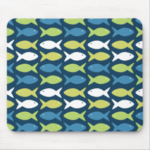 Cute Fish Pattern in Blue Green Yellow and White Mouse Mat