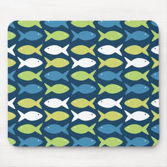 Cute Fish Pattern in Blue Green Yellow and White Mouse Mat (Front)