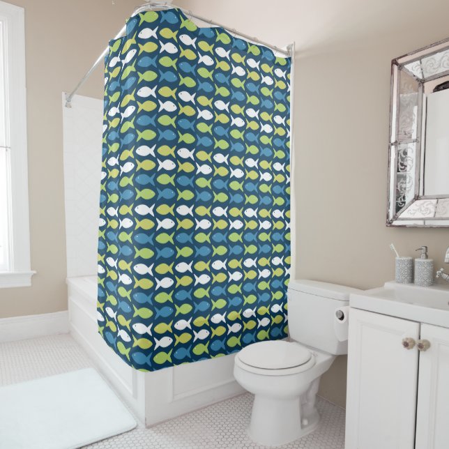 Cute Fish Pattern In Blue Green Yellow White Shower Curtain (In Situ)