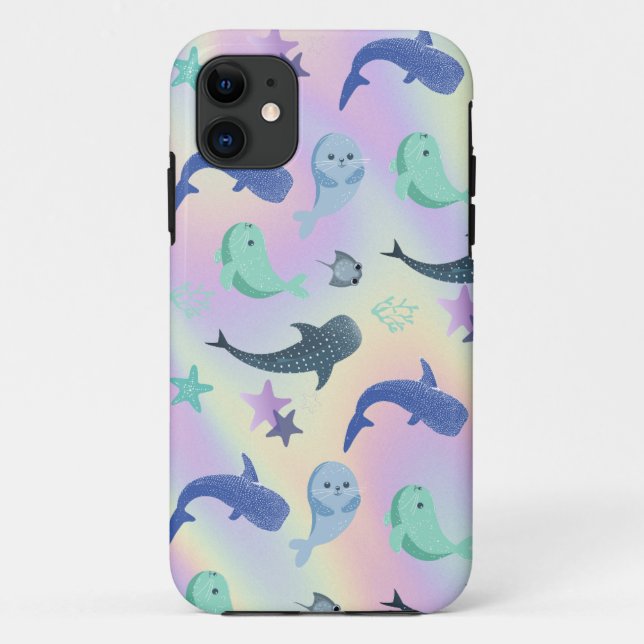 Cute Fish seal Ray Whale on gradient Rainbow Case-Mate iPhone Case (Back)
