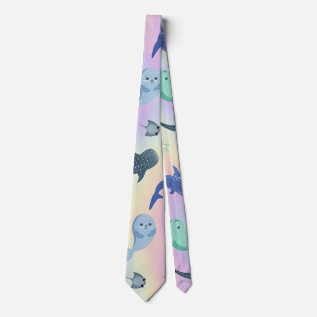 Cute Fish seal Ray Whale on gradient Rainbow Tie (Front)