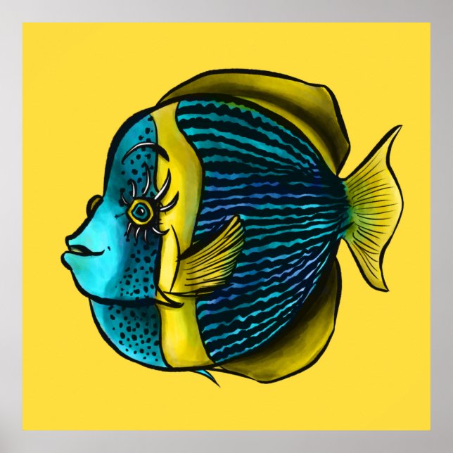 Cute Fish With Eyelashes Funny Angelfish Yellow Poster (Front)