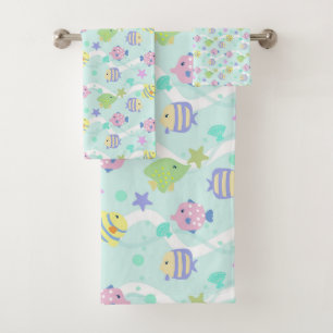 Cute Fishes Pastel Blue Bath Towel Set