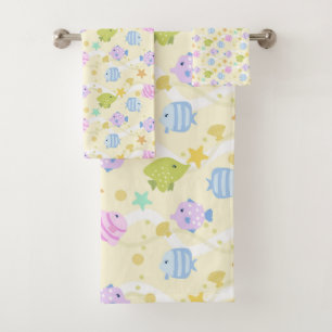 Cute Fishes Pastel Yellow Bath Towel Set
