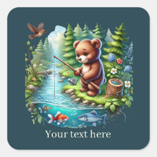 Cute fishing bear customisable square sticker