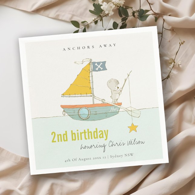 Cute Fishing Bear Star Sailboat Any Age Birthday Napkin (Creator Uploaded)