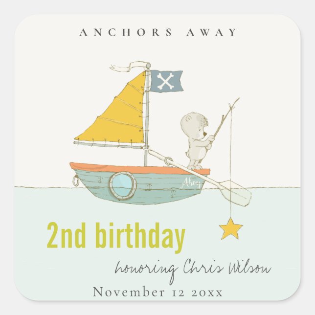 Cute Fishing Bear Star Sailboat Any Age Birthday Square Sticker (Front)