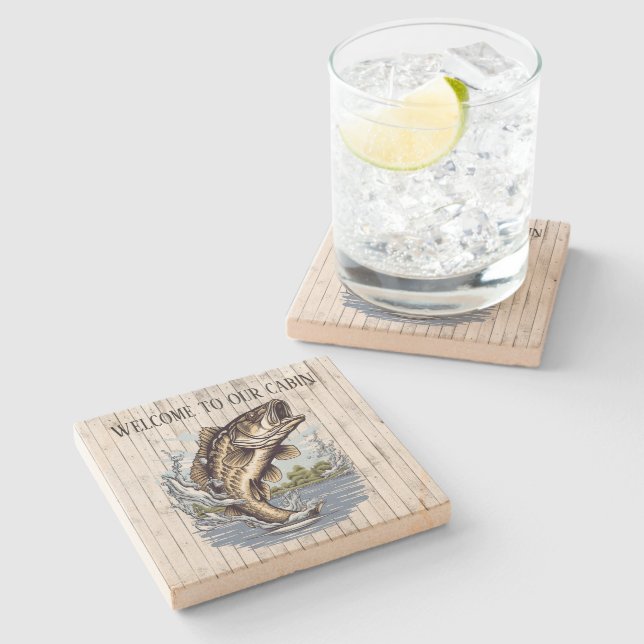 Cute fishing lake add name stone coaster (Side)