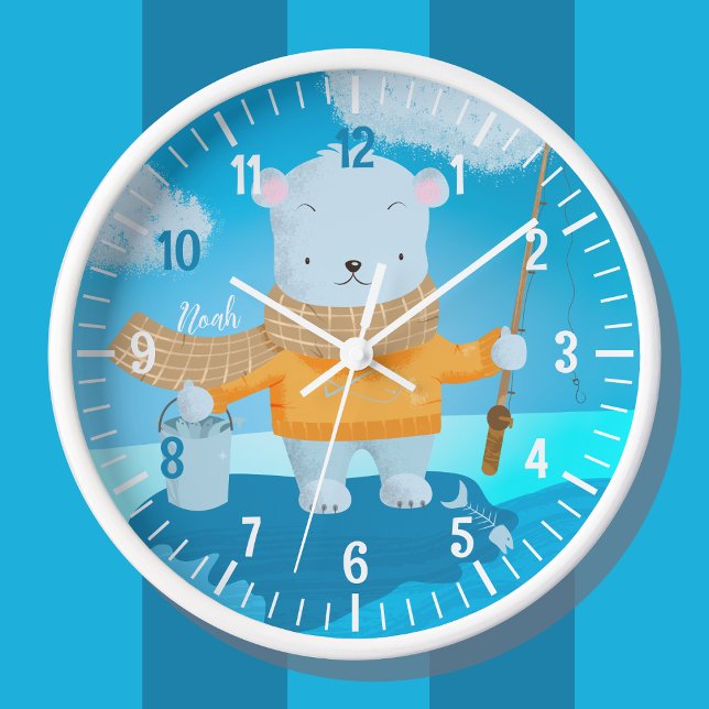 Cute Fishing Polar Bear Kid Wall Clock with Name (Creator Uploaded)