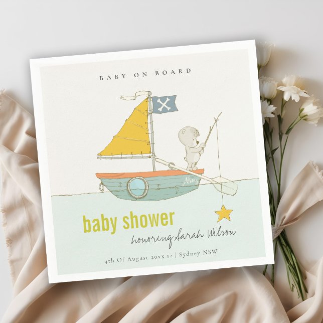 Cute Fishing Teddy Bear Star Sailboat Baby Shower Napkin (Creator Uploaded)