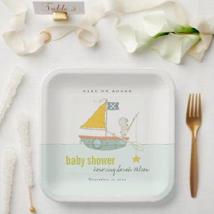Cute Fishing Teddy Bear Star Sailboat Baby Shower Paper Plate