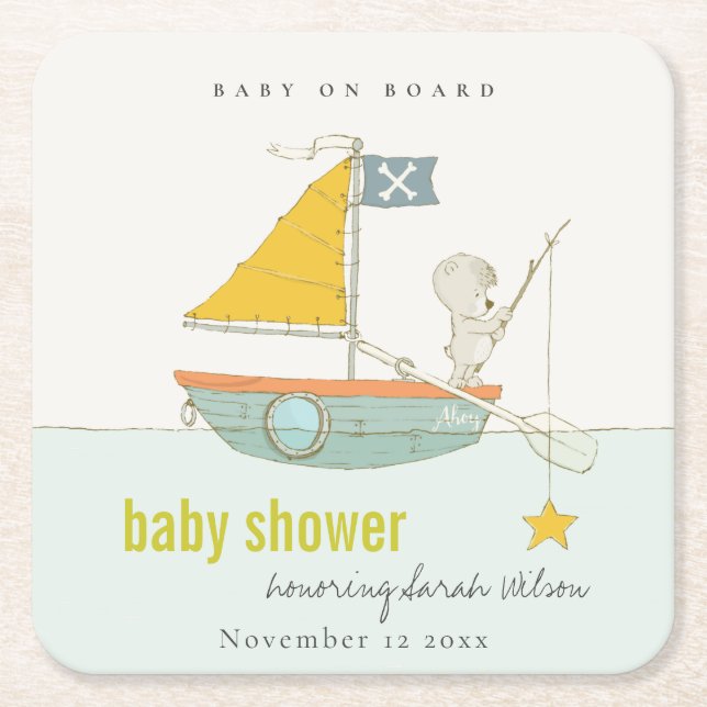 Cute Fishing Teddy Bear Star Sailboat Baby Shower Square Paper Coaster (Front)