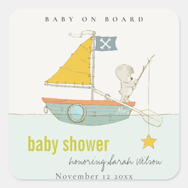 Cute Fishing Teddy Bear Star Sailboat Baby Shower Square Sticker (Front)