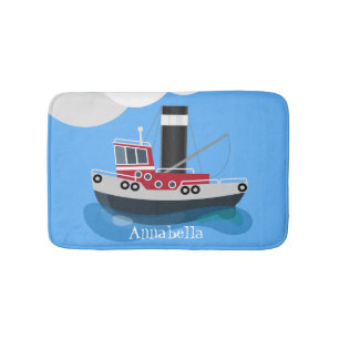 Cute fishing trawler boat cartoon illustration bath mat