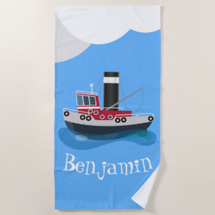 Cute fishing trawler boat cartoon illustration beach towel