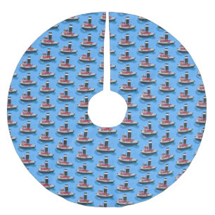 Cute fishing trawler boat cartoon illustration brushed polyester tree skirt