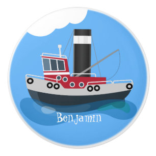 Cute fishing trawler boat cartoon illustration ceramic knob
