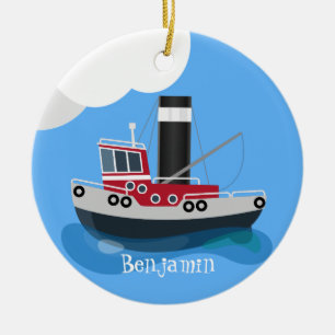 Cute fishing trawler boat cartoon illustration ceramic tree decoration