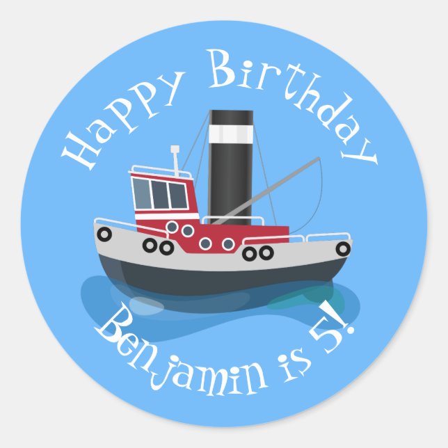 Cute fishing trawler boat cartoon illustration classic round sticker (Front)