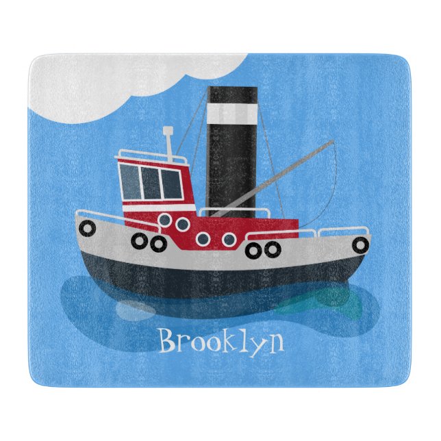 Cute fishing trawler boat cartoon illustration cutting board (Front)