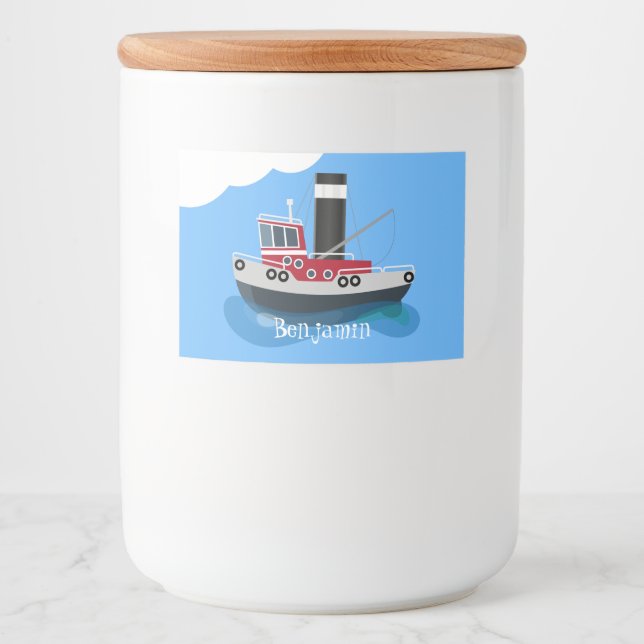 Cute fishing trawler boat cartoon illustration food label (Front)