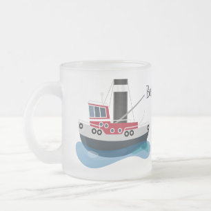 Cute fishing trawler boat cartoon illustration frosted glass coffee mug