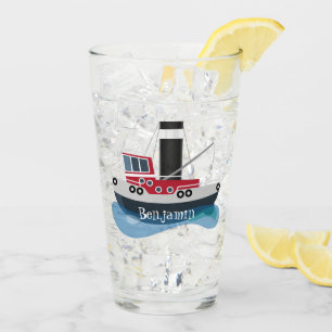 Cute fishing trawler boat cartoon illustration glass