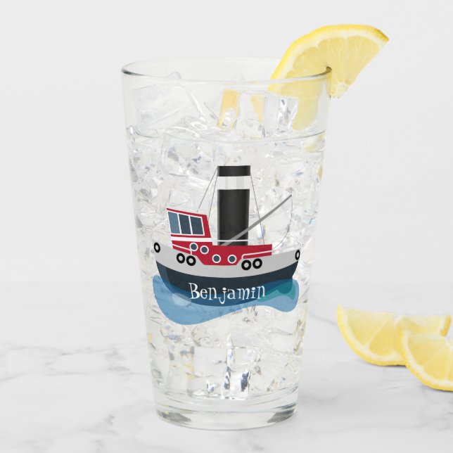 Cute fishing trawler boat cartoon illustration glass (Back Ice)