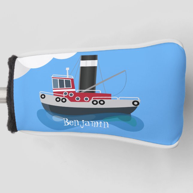 Cute fishing trawler boat cartoon illustration golf head cover (Front)