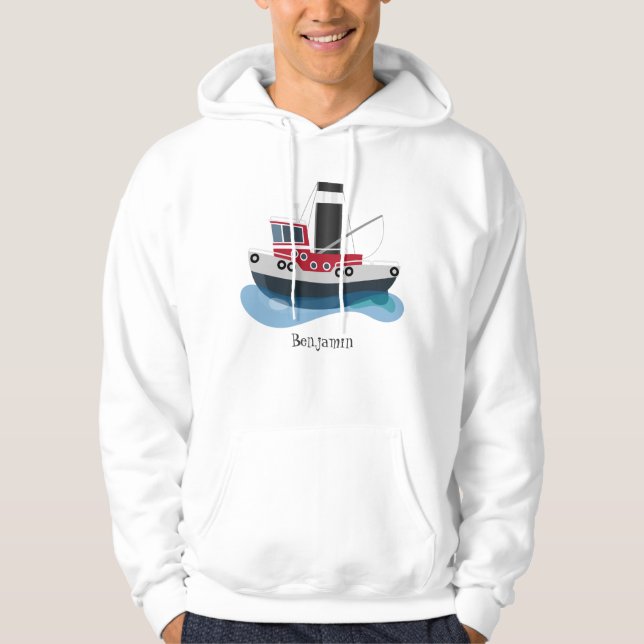 Cute fishing trawler boat cartoon illustration hoodie (Front)