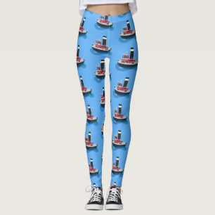 Cute fishing trawler boat cartoon illustration leggings
