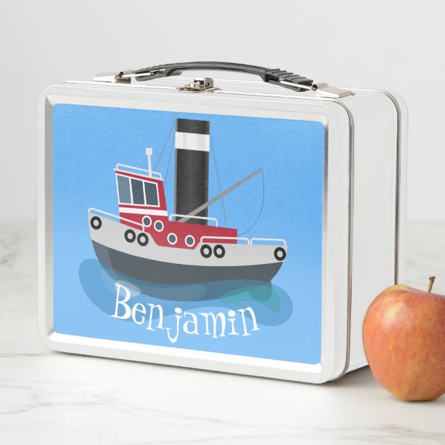 Cute fishing trawler boat cartoon illustration metal lunch box (In Situ)