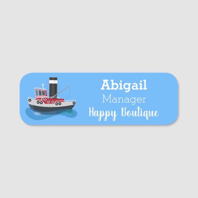 Cute fishing trawler boat cartoon illustration name tag (Front)