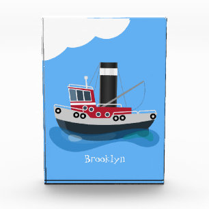 Cute fishing trawler boat cartoon illustration photo block
