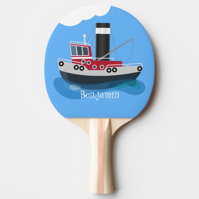Cute fishing trawler boat cartoon illustration ping pong paddle (Front)