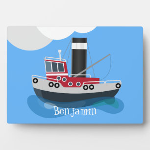 Cute fishing trawler boat cartoon illustration plaque