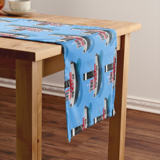 Cute fishing trawler boat cartoon illustration short table runner (In Situ)