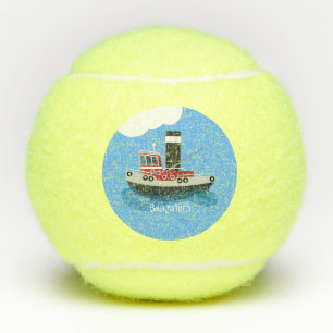 Cute fishing trawler boat cartoon illustration tennis balls