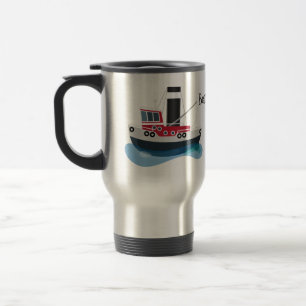 Cute fishing trawler boat cartoon illustration travel mug