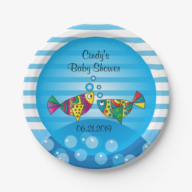 Cute Fishy Bubbles Baby Shower Theme Paper Plate (Front)