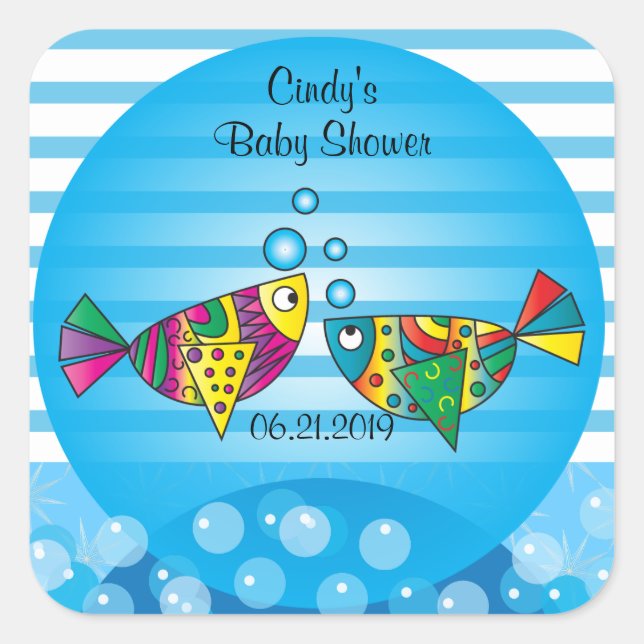 Cute Fishy Bubbles Baby Shower Theme Square Sticker (Front)
