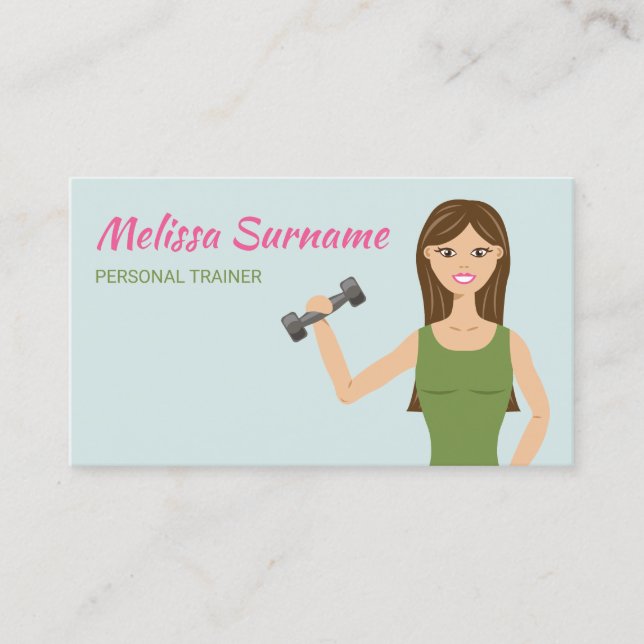 Cute Fitness Girl Illustration Personal Trainer Business Card (Front)