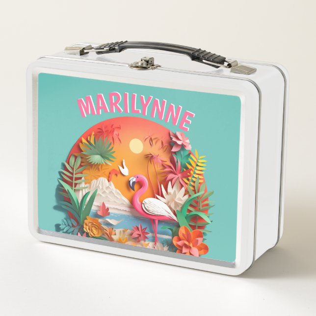 Cute Flamingo 3D Tropical Kids School Metal Lunch Box (Front)