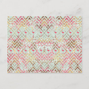 Cute Flamingo Abstract Pink Green Zigzaga Pattern Postcard