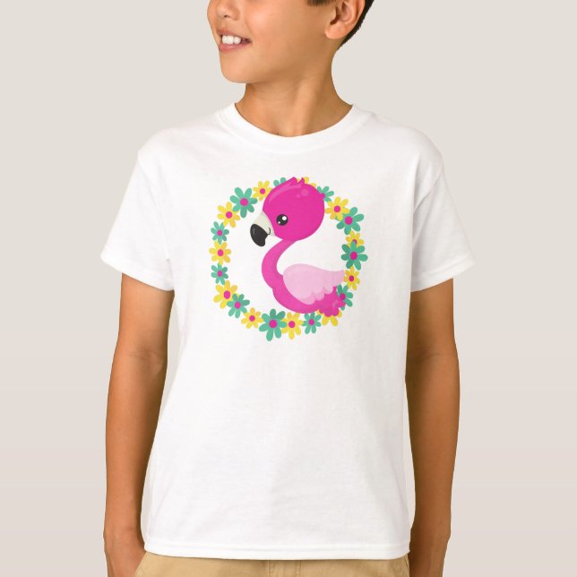 Cute Flamingo, Baby Flamingo, Bird, Flowers T-Shirt (Front)