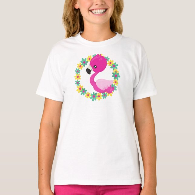 Cute Flamingo, Baby Flamingo, Bird, Flowers T-Shirt (Front)